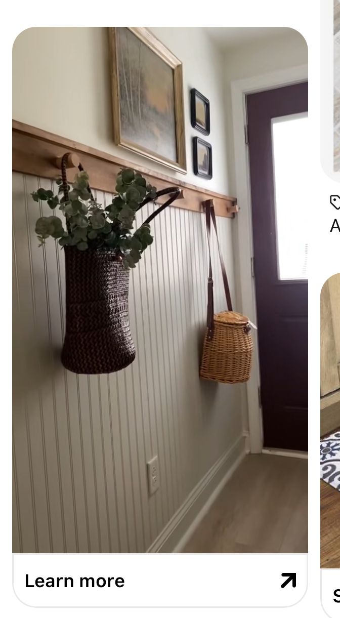 two pictures of the same room and one has a basket hanging from it's wall