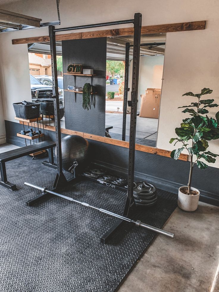 an exercise room with equipment and a potted plant