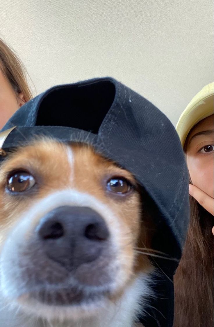 two girls and a dog wearing hats with their faces close to the camera, looking at the camera