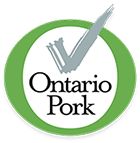 the ontario pork logo is shown in green and white with an arrow pointing to it