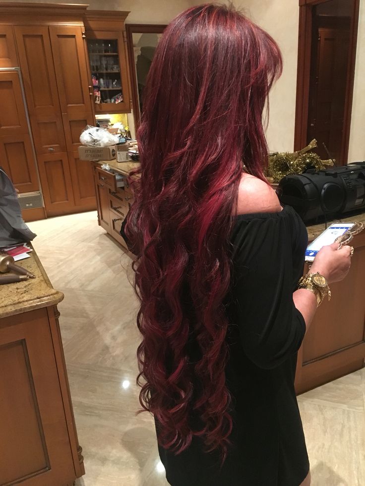 Red hair and hair extensions by Sheyla Denis Dark Red Extensions, Dark Red Hair Extensions, Deep Crimson Hair, Waist Length Red Hair, Long Thick Red Hair, Red Curled Hair, Cherry Red Wavy Hair, Wavy Red Hair Dyed, Dark Red Wavy Hair