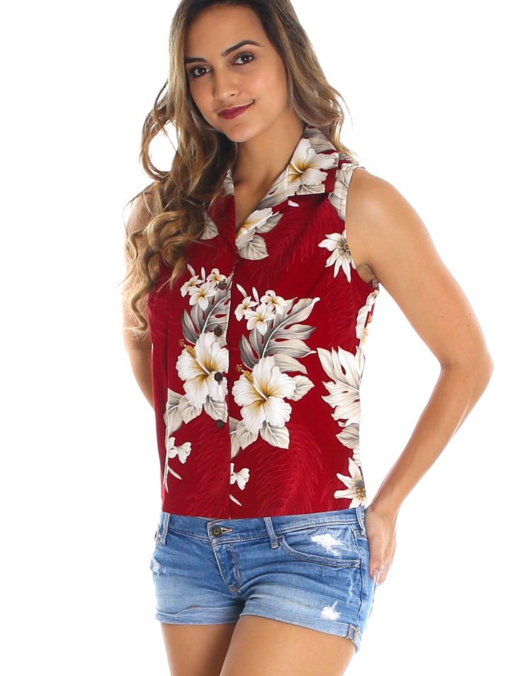 Sleeveless Hawaiian Shirt Lanai 100% Cotton Fabric Collar Tank Top Blouse Curved Hemline Colors: Red, Peach, Navy, Blue Sizes: S - 2XL Made in Hawaii - USA Wedding Dress Shirt, Easy Wear Dresses, Muumuu Dress, Business Casual Shirts, Red Peach, Hawaiian Outfit, Wedding Shirts, Hawaiian Dress