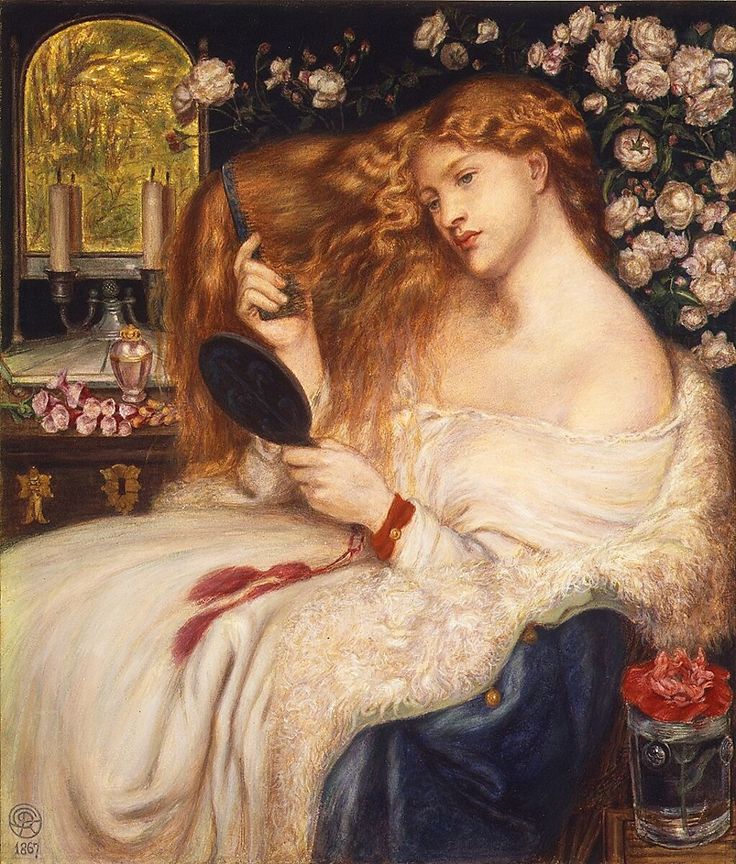 a painting of a woman brushing her hair with a brush and mirror in front of flowers