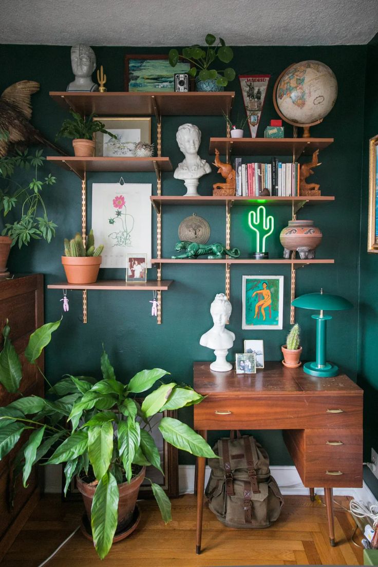 a room with green walls and shelves filled with plants