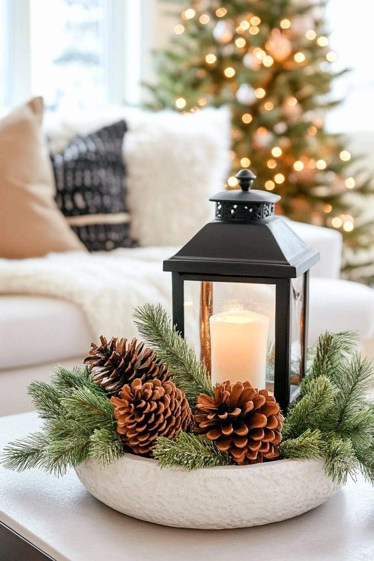 a candle is sitting in a bowl with pine cones