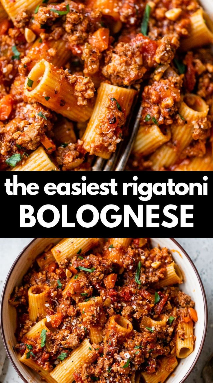 the best rigatoni bolognzoe recipe is shown in this collage