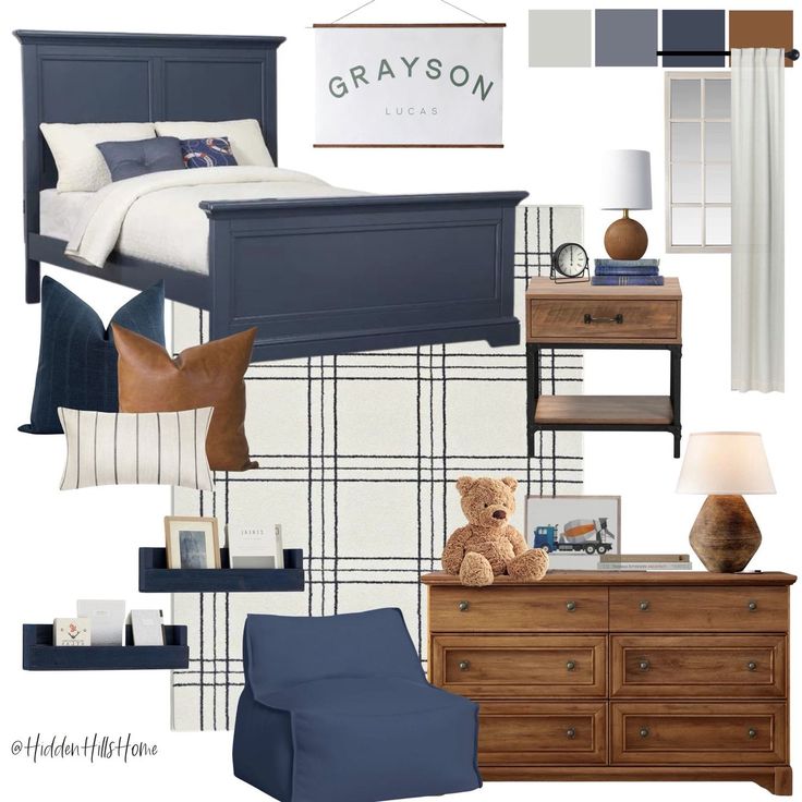 a bedroom with blue and white walls, plaid wallpaper, wooden furniture, and teddy bear