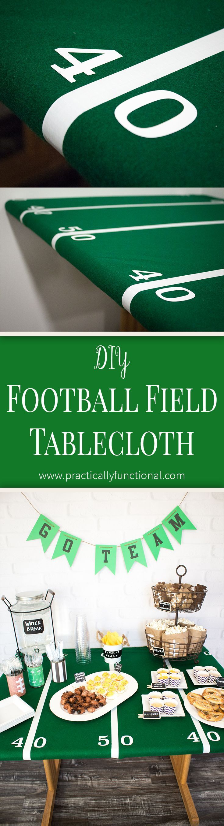 a football field table cloth with green and white pennants