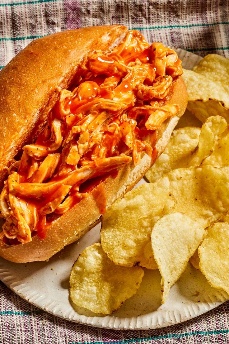 a pulled pork sandwich and chips on a plate