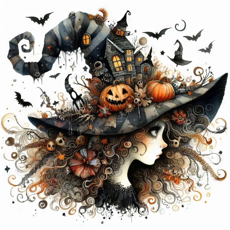 a woman wearing a witches hat with pumpkins and bats on her head, in front of a white background