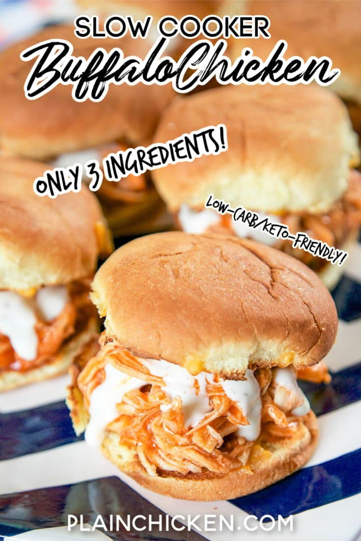 slow cooker buffalo chicken sandwiches on a blue and white plate with text overlay