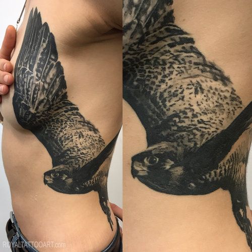 two pictures of an eagle tattoo on the side of a woman's thigh and arm