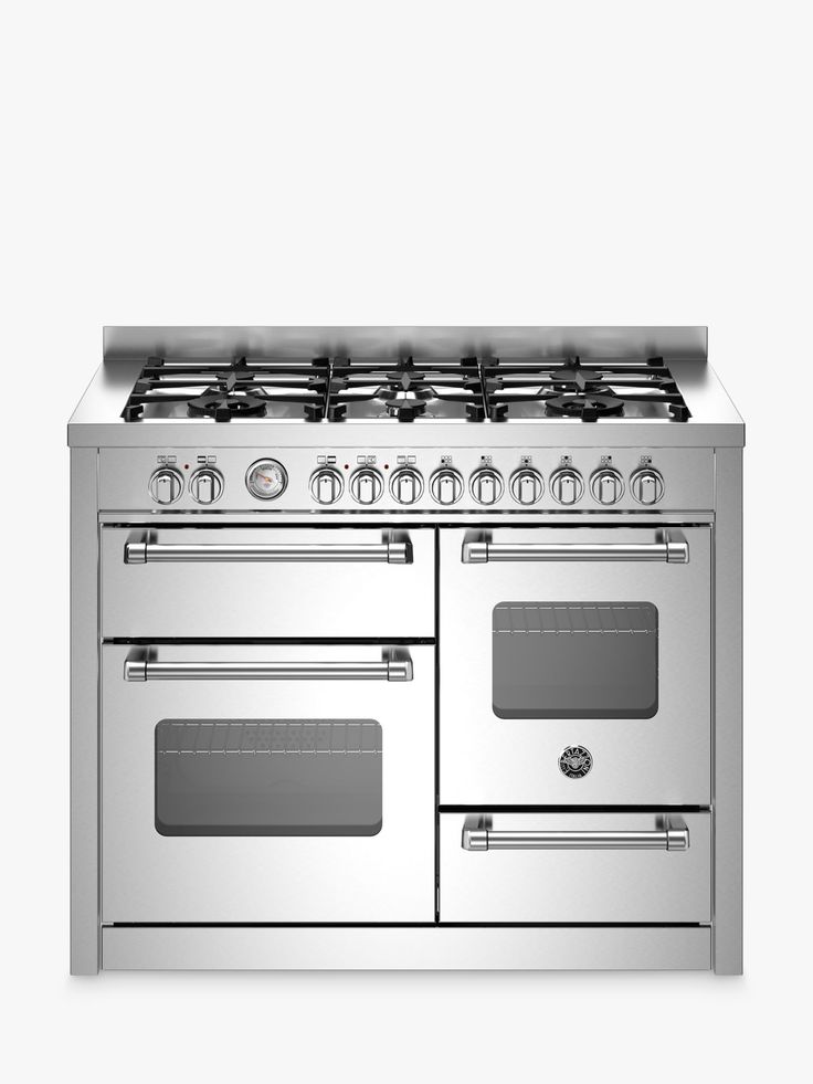 a silver stove top oven with two burners on each side and one door open