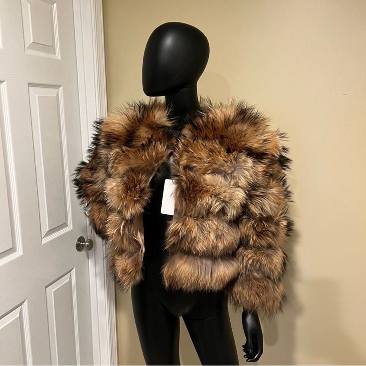 Brand New With Tag. 100% Genuine Raccoon Fur 2 In 1 Jacket And Vest Detachable Sleeves The Sleeves Are 3/4 Hook And Loop Closure Size S Mannequin (With Hands) Measurements: Bust: 34” Waist: 24” Hip:35” Height: 5’10” Jacket Measurements: Bust: Approx 41” Length: Approx 20” For Reference, I Am A Standard Size S, The Mannequin With No Hands Is A Standard Size S, And The One With Hands Xs. I’m 5’2”, 120lbs, 36c Please Ask For All The Details Necessary Before You Purchase! Fall Mink Outerwear With Faux Fur Lining, Fall Faux Fur Lined Mink Outerwear, Chic Brown Fur Coat For Cold Weather, Cropped Black Fur Coat, Brown Faux Fur Lined Outerwear, Luxury Fluffy Brown Outerwear, Cropped Fur Jacket, Brown Faux Fur Winter Outerwear, Raccoon Fur Coat