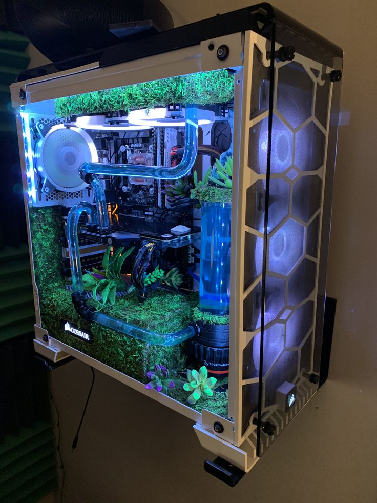 the inside of a computer case with plants and other things in it, all lit up