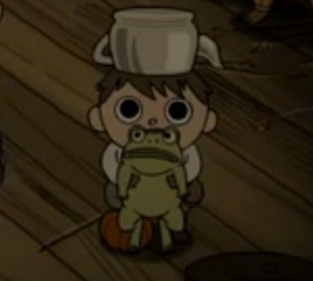 a cartoon character sitting on the floor with a pot on his head and another person standing behind him