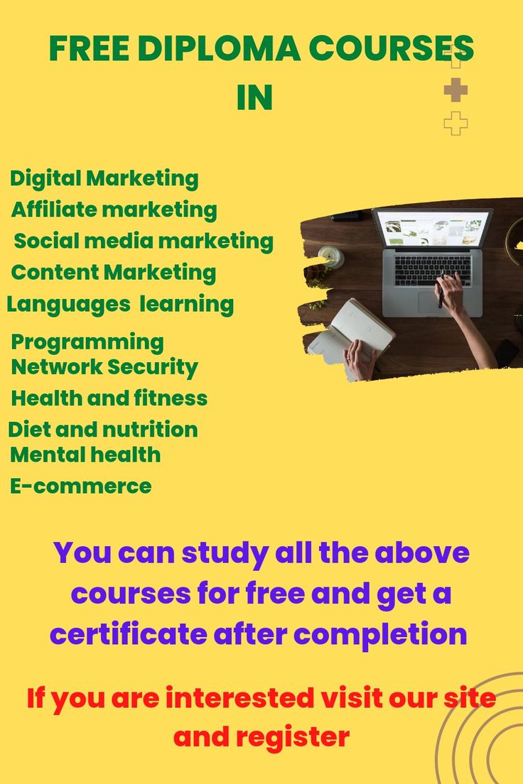 a poster with the words free diploma courses in front of it and an image of a person working on a laptop