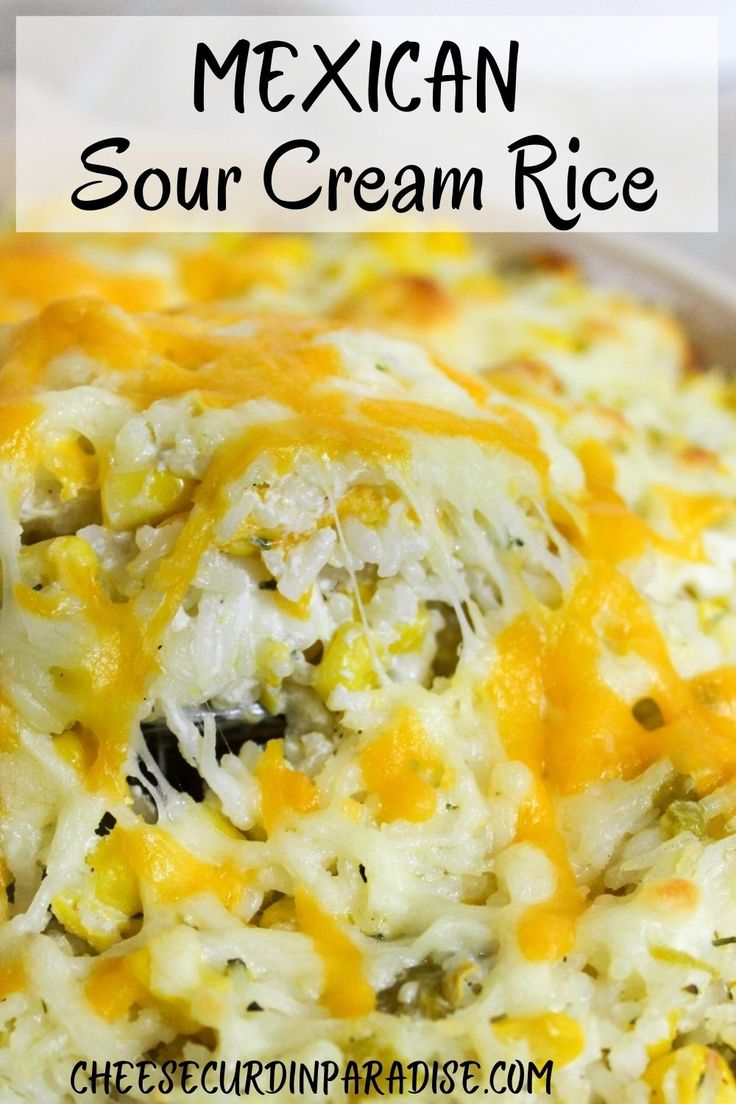 Mexican Sour Cream Rice lifted from pan with spoon. Instant Rice Recipes Side Dishes, Sour Cream Rice, Rice Casseroles, Rice Recipes Side, Recipe With Sour Cream, Starchy Sides, Mexican Sour Cream, Rice Dishes Recipes, Mexican Rice Recipe