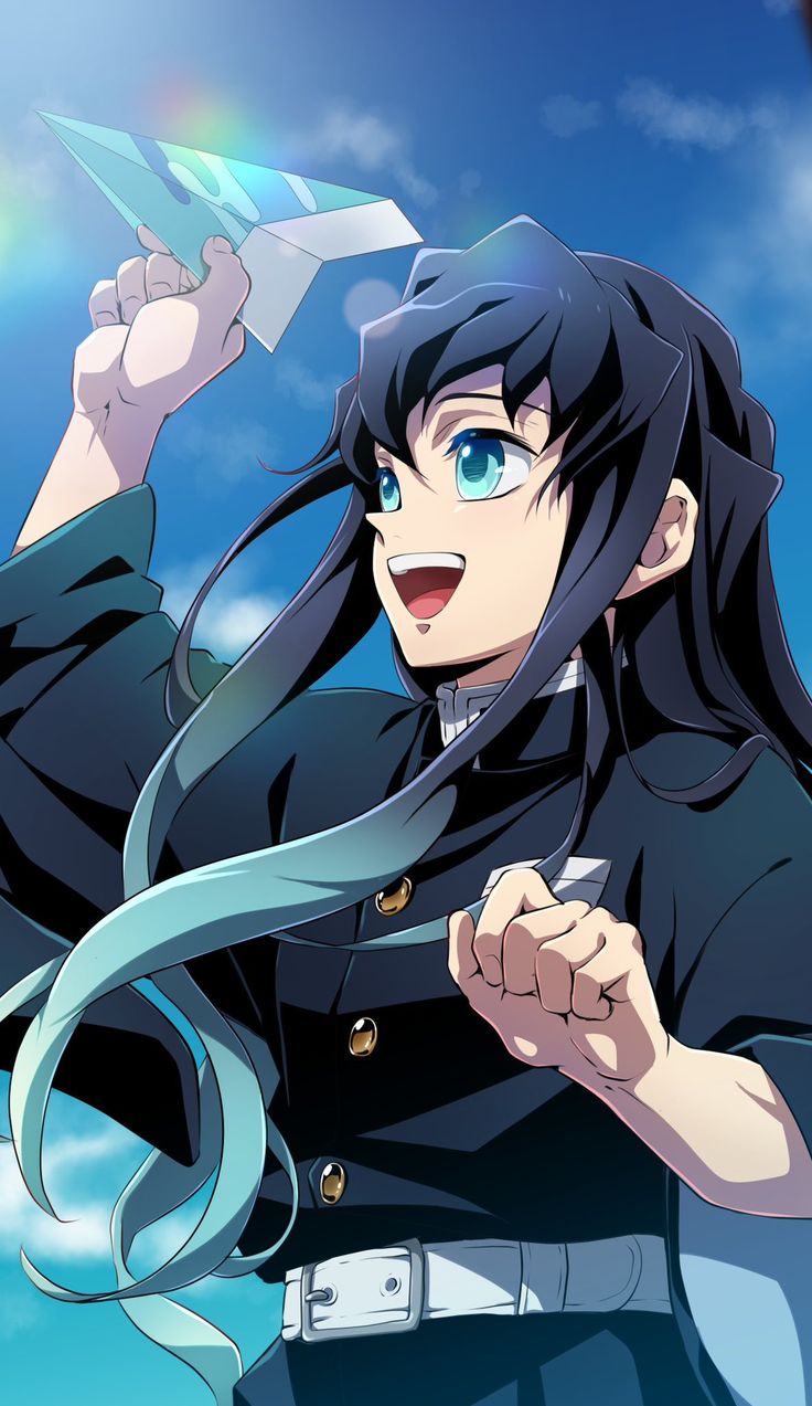 an anime character with long black hair and blue eyes holding a paper airplane in her hand