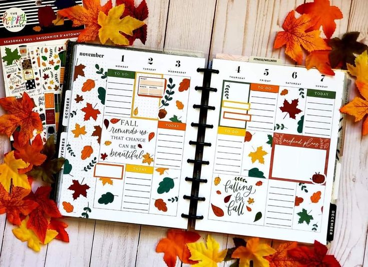 an open planner with fall leaves around it