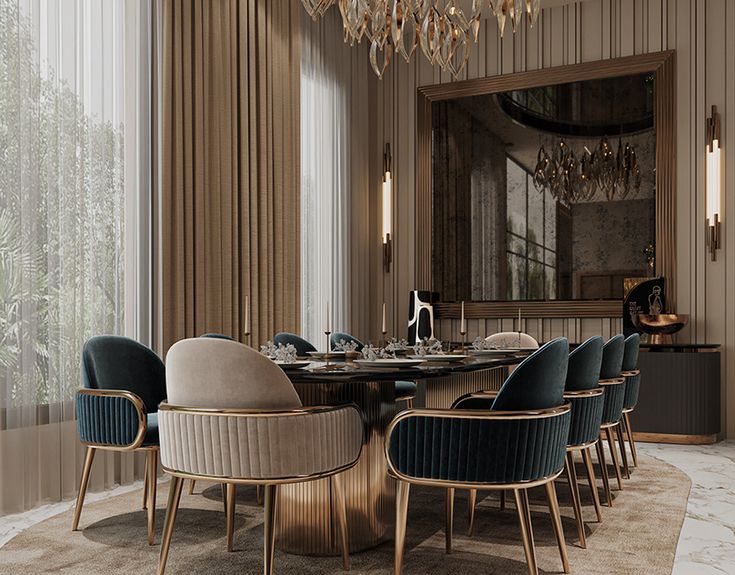 a dining room table with chairs and a chandelier