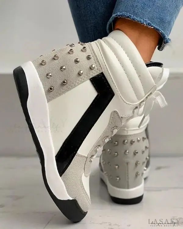 Lasaky - Rivet Colorblock Lace-Up Hidden Wedge Sneaker Wedge Sneakers Outfit Dressy, Wedge Sneakers Style, Wedge Sneakers Outfit, Womens Wedge Sneakers, Lace Wedges, Wedges Style, Round Toe Heels, Wedge Sneakers, Sneakers Grey