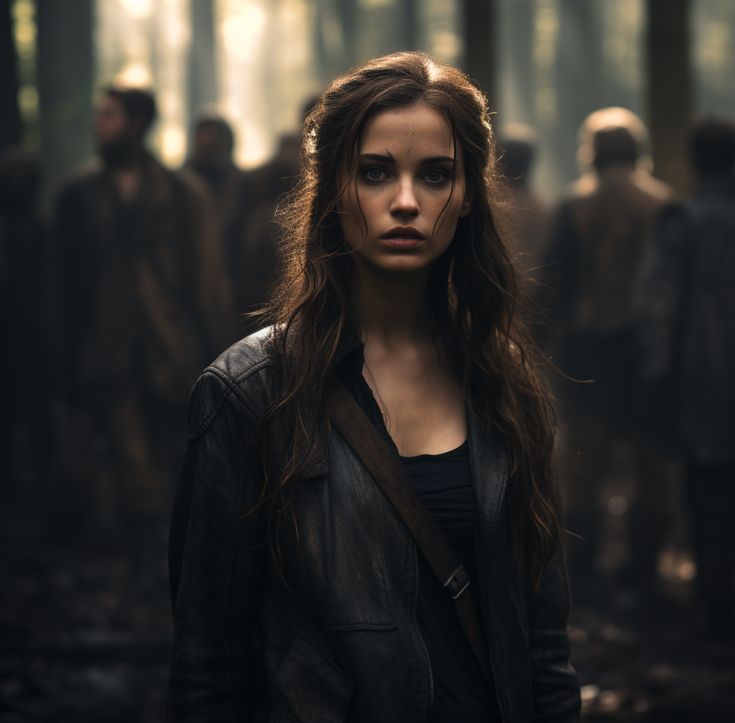 the maze girl is standing in front of a group of people with long brown hair