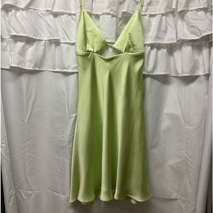 Green Zara Silk Dress With Open Back Never Worn Lined Knee-length Slip Dress For Spring, Summer Sundress For Spring Evening, Green Flowy Dress For Night Out, Summer A-line Evening Dress, Chic A-line Slip Dress For Brunch, Flowy Green Dress For Night Out, Spring Evening Sleeveless Sundress, Summer A-line Lined Slip Dress, A-line Sundress Slip Dress For Brunch