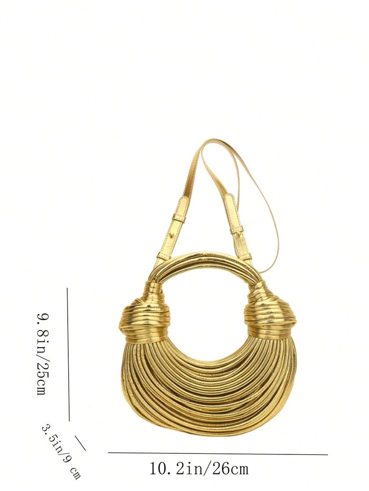 Elevate your style with our luxurious, handcrafted Gold Noodle Bag. This designer handbag features a unique rope-knotted design and a chic, gold color that exudes sophistication. Perfect for an evening out, this medium-sized bag features a secure zipper closure and an adjustable strap for added comfort. Made with high-quality PU leather, this bag is both glamorous and practical, making it a must-have for any fashion-forward woman. 100% Polyurethane Please allow 3-5 business days to process and s Luxury Gold Straw Bag With Braided Handles, Gold Trendy Bucket Bag With Adjustable Strap, Chic Woven Hobo Bag For Evening, Trendy Gold Bucket Bag With Adjustable Strap, Gold Tote Evening Bag, Trendy Gold Bucket Bag With Detachable Handle, Chic Gold Bucket Bag, Chic Gold Shoulder Bucket Bag, Gold Woven Bucket Bag For Everyday Use