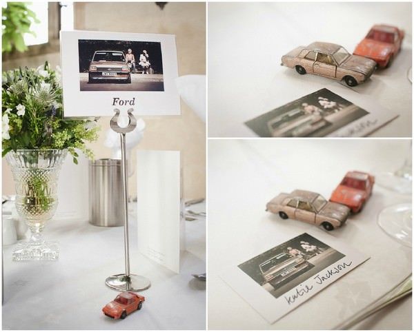 there are pictures of old cars on the table