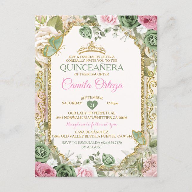 the quinceanera wedding shower is shown in pink, green and white flowers