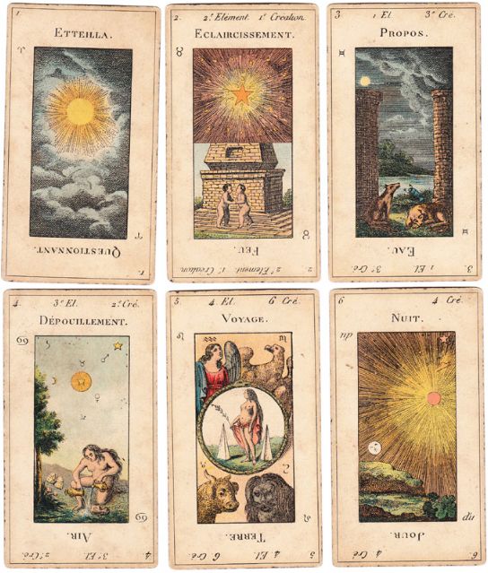 four different tarot cards with pictures of people and animals