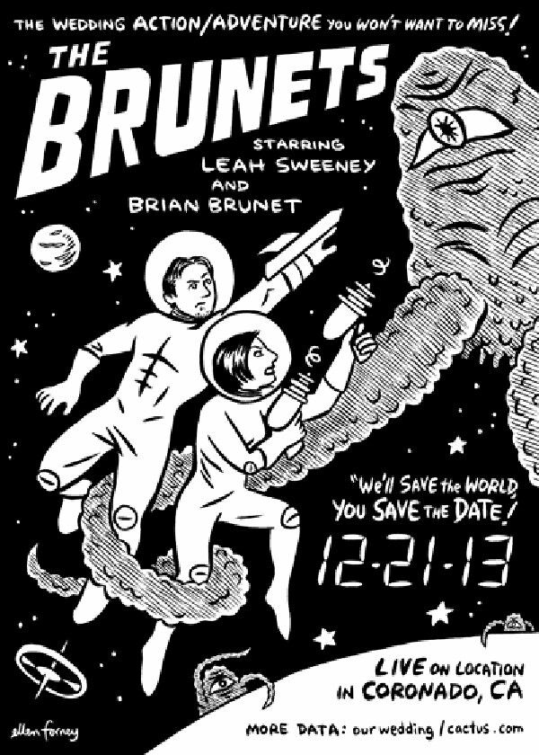 an advertisement for the brunets concert featuring two astronauts in space, one being pulled up