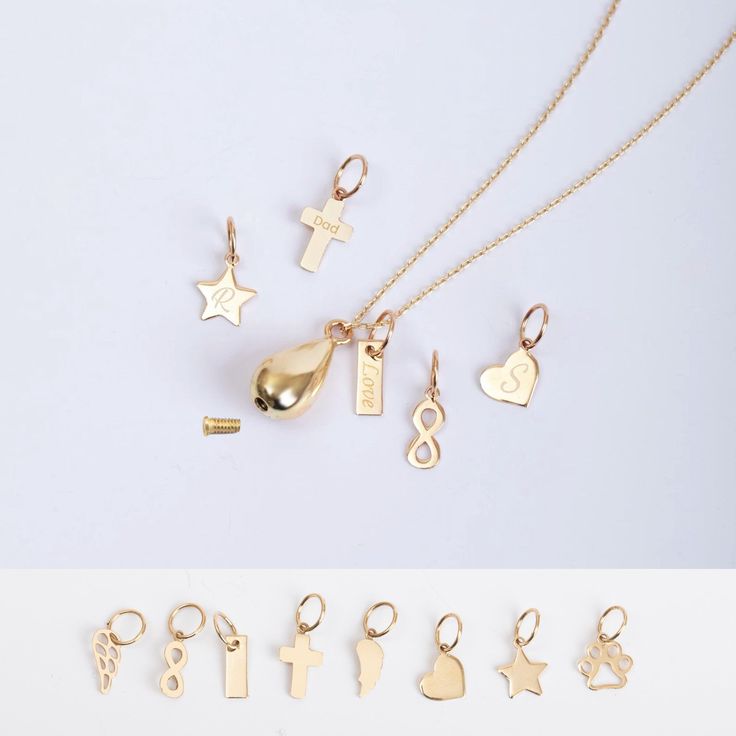 several different types of necklaces and charms on a white background, including one with a gold charm