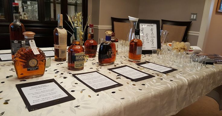 several bottles of liquor are sitting on a table with wine glasses and menus in front of them