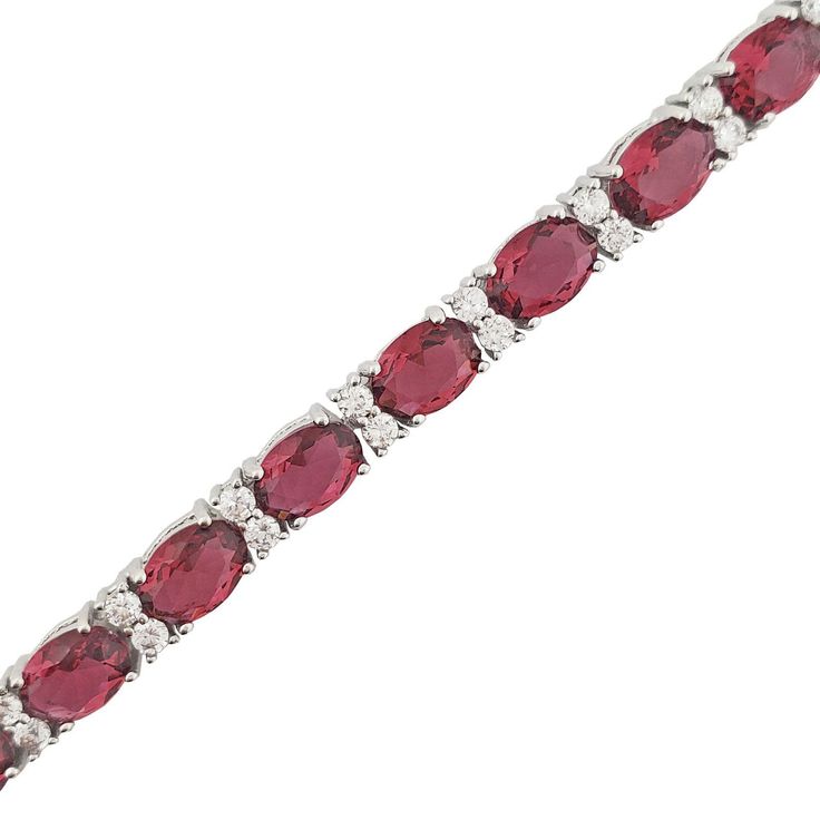 Precious Metal: 14 Karat White Gold Bracelet Closure: Box Lock Gemstone: Diamonds & Ruby Diamonds Carats: 0.50 cts Ruby Diamonds: 8.60 cts Link Width: 3.8 mm* Length: 7¼ inches* Approx. Weight: 9.6 grams* *All weights and measurements are approximate. Please contact us if you have further questions about alternate sizes or styles, availability, specifications, and personalization options. Quince Layout, Sterling Silver Diamond Bracelet With Gemstone, Red Oval Diamond Bracelet Gift, Red Oval Diamond Bracelet As Gift, Red Oval Diamond Bracelet For Gift, Red Round Bracelets With Diamond Accents, Red Bracelets With Diamond Accents, Fine Jewelry Red Cubic Zirconia Tennis Bracelet, Red Cubic Zirconia Tennis Bracelet