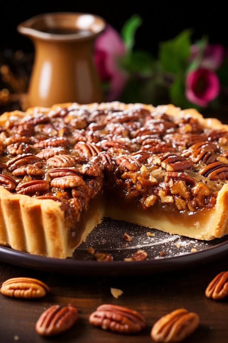 a pecan pie with one slice cut out