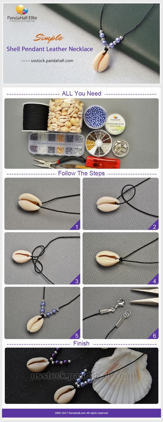 the instructions for how to make shell necklaces with shells and beads on it, including bea