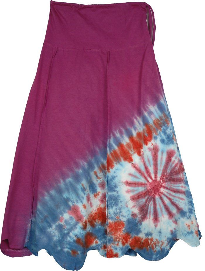 Purple Fashion Skirt in side Tie Dye Style - A pretty fashion modern skirt with creative tie dye work on a side, scalloped hem, plain front waist, and back waist in elastic smocking. The tie is on the side. This is a stylish skirt in Night Shadz purple. Its made of hosiery textured cotton fabric, which has a little stretch. There is elastic on waist at the back. Another of a great fashion skirt if tie dye is your style. The length is in scallops, so so vary from 29 to 30 inches, and its your ski Fitted Tie Dye Bohemian Skirt, Fitted Bohemian Tie-dye Skirt, Fitted Bohemian Tie Dye Skirt, Fitted Tie Dye Skirt For Summer, Hippie Fitted Wrap Skirt, Fitted Hippie Wrap Skirt For Spring, Hippie Style Fitted Wrap Skirt For Spring, Hippie Fitted Wrap Skirt For Spring, Flowy Tie-dye Skirt For Summer