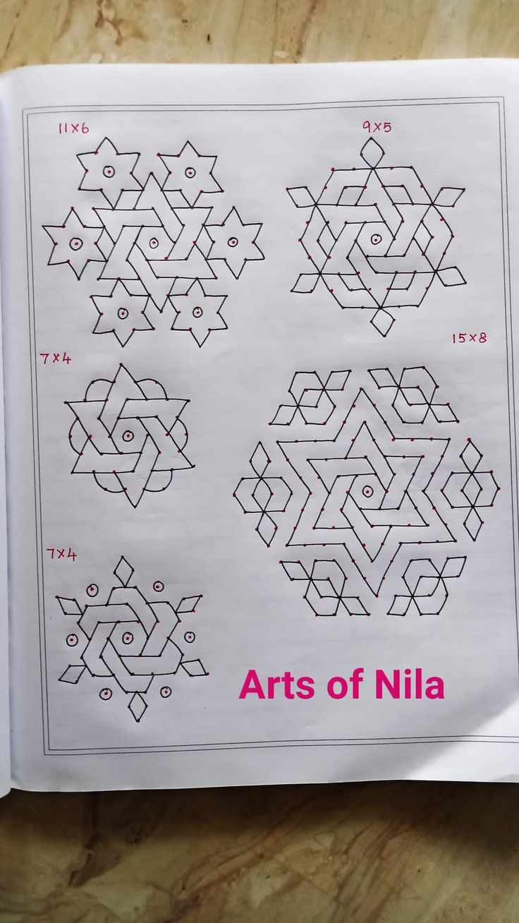 an open book with drawings on it and the words arts of nila written in red