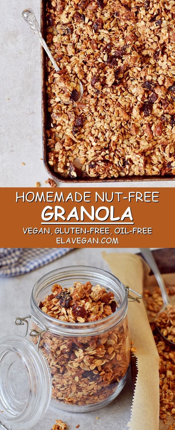 homemade granola in a glass dish with spoons on the side and text overlay reading selbstemachtes must