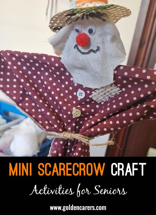 a scarecrow craft with text overlay that reads mini scarecrow craft activities for seniors