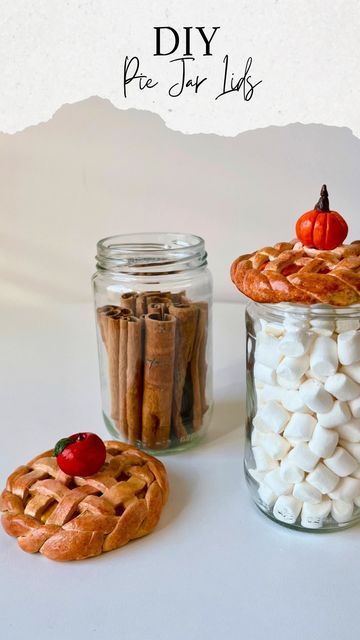 three mason jars filled with marshmallows and pretzels, one has a pie in it