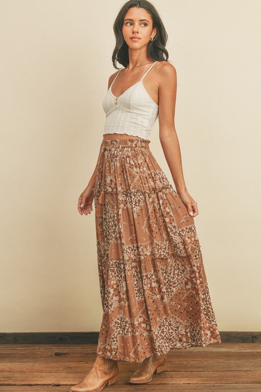 MAXI SKIRT TIE DRAWSTRING WAIST TIERED Boho Long Skirt Outfit, Bohemian Skirt Outfit, Boho Skirts Long, Boho Maxi Skirt Outfit, Printed Maxi Skirt Outfit, Long Summer Skirts, Boho Skirt Outfit, Brown Skirt Outfit, Long Skirt Outfits For Summer