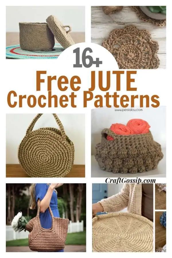 free crochet patterns for purses and handbags with text overlay that reads 16 free jute crochet patterns