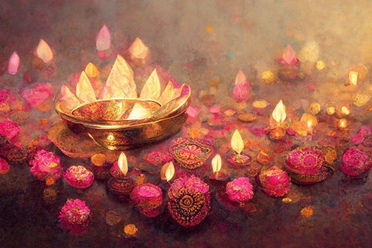 an oil painting of pink and gold decorated diyas with lit candles on the ground