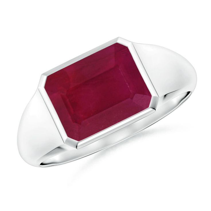 Add a unique flair to your look with this stunning signet ring. It showcases an emerald-cut ruby that is bezel set in an east-west setting. This Platinum ring will instantly elevate your style game. Ruby Signet Ring, 14k White Gold Ring, Platinum Ring, White Gold Ring, East West, Ruby Ring, Elevate Your Style, Signet Ring, Bezel Setting