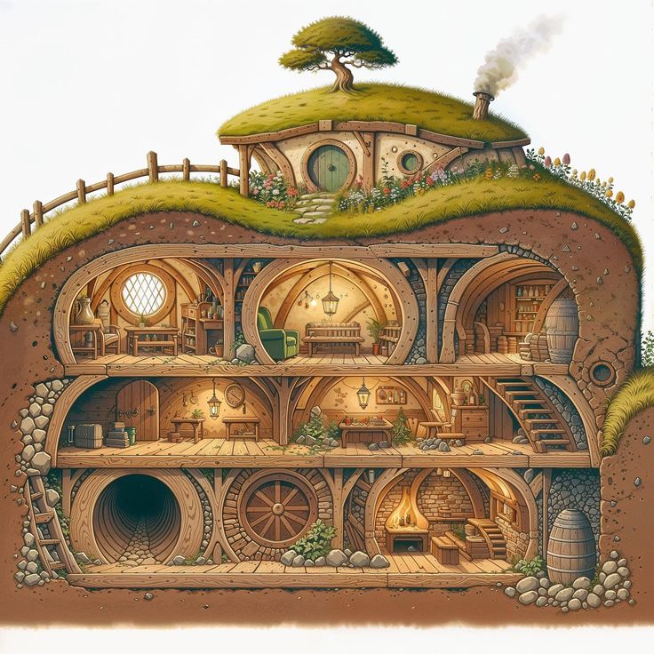 A Hobbit Burrow Hobit Houses Inside, Inside Hobbit House, Hobbit Home Interior, Hobbit Home Minecraft, Hobbit House Aesthetic, Hobbit Hole Interior, Hobbit Home Aesthetic, Shire Aesthetic, Grounded Game