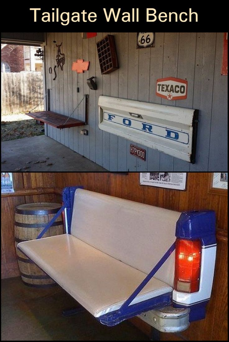 the tailgate wall bench has been painted white and blue