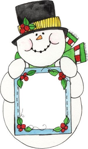 a snowman with a hat and scarf holding a frame